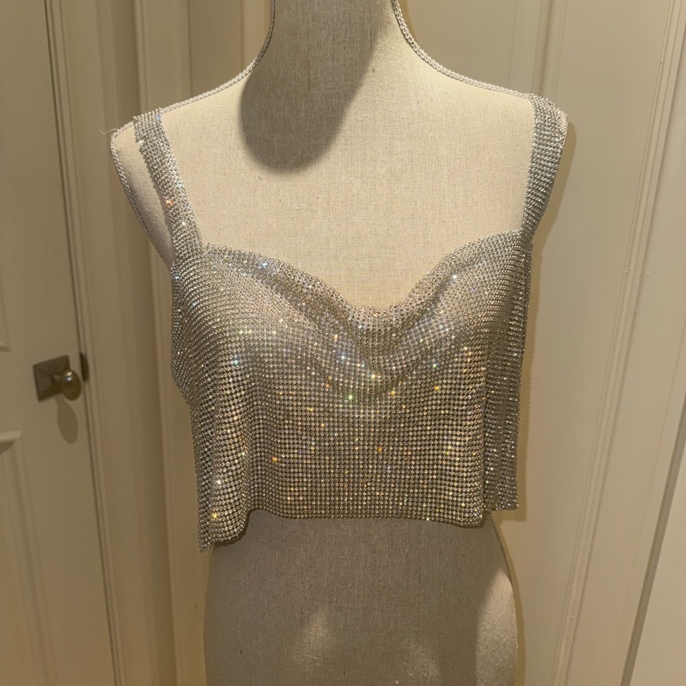 Just Me Metallic Silver Top. Stratosphere Rhinestone Mesh crop top